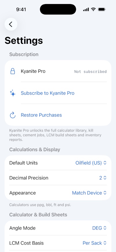 The Settings screen showing the Subscription and Calculations and Display sections