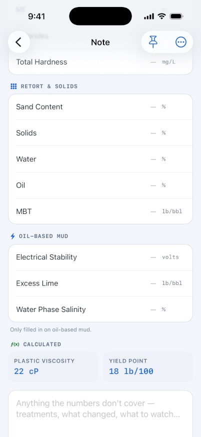 A note tagged Mud Check showing viscometer dial readings and the calculated PV and yield point