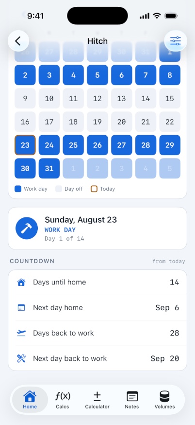 The hitch calendar showing a month grid with work days filled blue and the countdown card