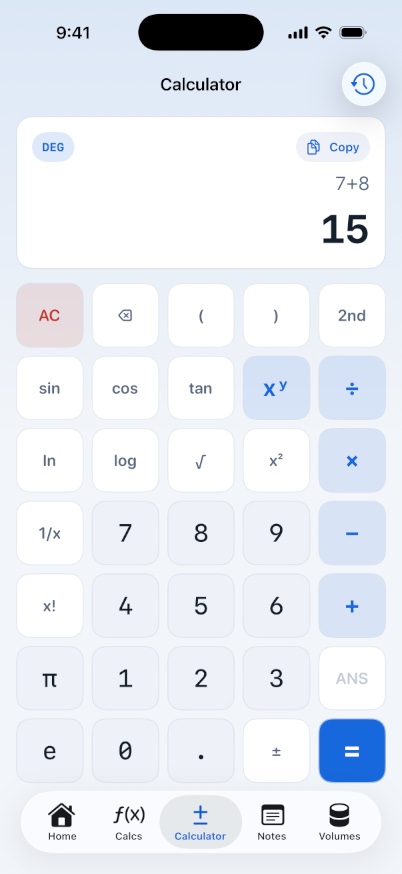 The scientific calculator keypad with an expression and its live result