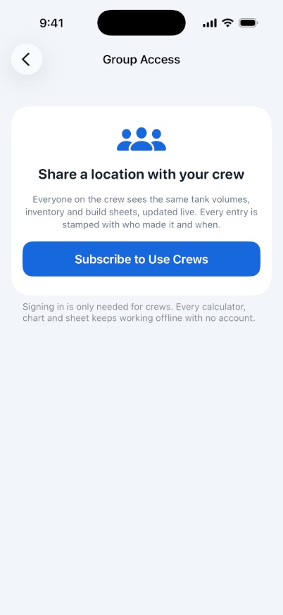 The Group Access screen explaining crew sharing before sign-in